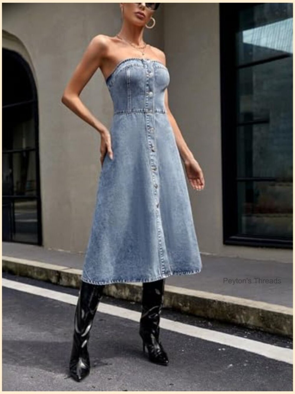 Sleeveless Strapless Denim Tube Dress Button Down A-Line Swing Midi Dress - Picture 4 of 6